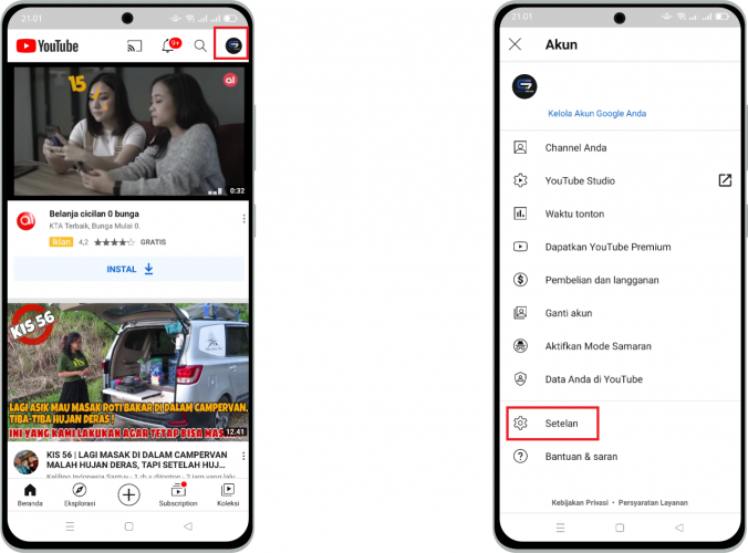 menu pengaturan youtube